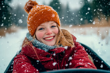 Joyful girl enjoying a snowy sleigh ride