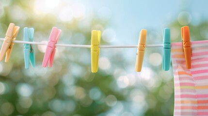 An array of colorful clothing pins holding a garment on a clothesline, with a blurred background of a sunny day.