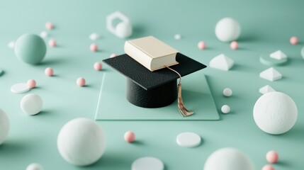 Sticker - A graduation cap with a book on top, surrounded by abstract knowledge shapes, signifying the attainment of knowledge.