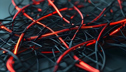 Canvas Print - Intricate Cyber Geometric Design of Glowing Red Metallic Threads on a Dark Background