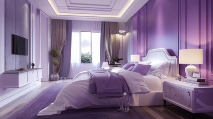 Hotel Room Decorated single double bedroom with nice white bed sheets purple decorative colours. the colour scheme is designed for thailand and interior is m modern classical