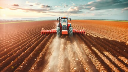 A powerful tractor pulling a plow through a freshly tilled field, showcasing the force and precision of modern farming equipment.