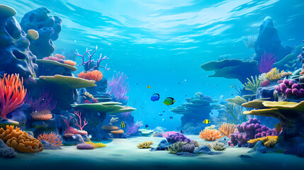 Wall Mural - underwater coral reef landscape in the deep blue ocean with colorful fish and marine life background wallpaper	