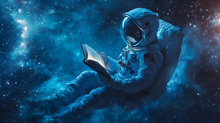 Wall Mural - A boy wearing an astronaut suit is floating in space, reading book amidst stunning cosmic backdrop filled with stars and galaxies. scene evokes sense of wonder and exploration