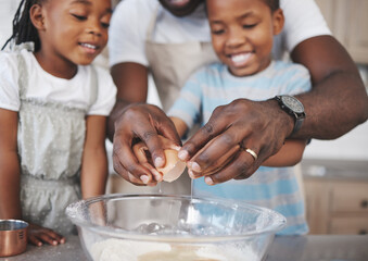 Wall Mural - Baking, eggs and father with children in kitchen for bonding, learning and skill development in home. Mixing bowl, ingredients and African dad teaching kids to cook for growth and fun at house.