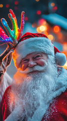 Poster - Joyful Santa with Reindeer Sporting Rainbow Antlers in Snowy Landscape  