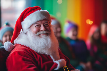 Sticker - Santa and Elves Celebrate with Rainbow Decor at LGBT Holiday Party  