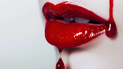 Close-up of glossy red lipstick dripping from sensual woman's lips against a white background, perfect for beauty and cosmetics advertising, makeup tutorials, and fashion campaigns featuring bold lip 