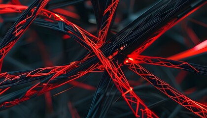 Intricate Cyber Geometric Design of Glowing Red Metallic Threads on a Dark Background