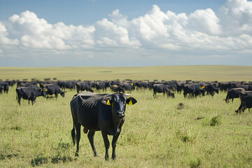 A herd of black cattle grazes peacefully in lush green field under bright blue sky with fluffy clouds. serene landscape showcases beauty of nature and livestock farming