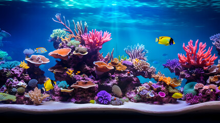 Wall Mural - underwater coral reef landscape in the deep blue ocean with colorful fish and marine life background wallpaper	