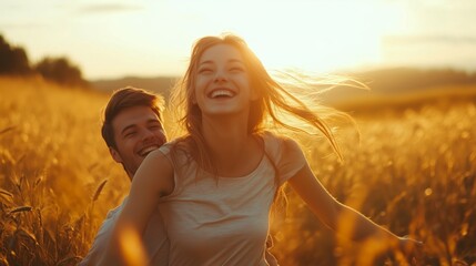 Wall Mural - A joyful couple enjoying a sunset in a golden wheat field, embracing their happiness and connection in nature