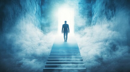 A man in a suit is walking up the stairs, leading to heaven. The background of his journey has blue walls and white steps. He walks towards an open door with light shining through it. 