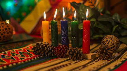 Canvas Print - Kinara with seven candles each representing a different principle of Kwanzaa placed on a traditional mat