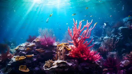 Wall Mural - underwater coral reef landscape in the deep blue ocean with colorful fish and marine life background wallpaper	