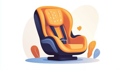 This adorable cartoon baby car seat highlights essential safety features against a crisp white background.