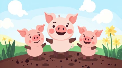 Sticker - A charming illustration of two playful pigs enjoying a fun moment in a muddy puddle, bursting with joy and cuteness.