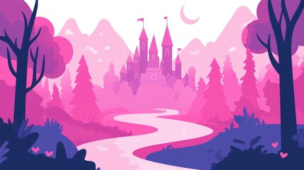 Canvas Print - Experience a dreamy landscape filled with pink hues, featuring a distant castle and a serene river under a crescent moon.