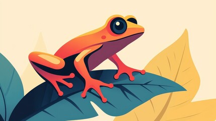 Poster - A vibrant frog rests on a leaf, showcasing its detailed skin texture in a lifelike closeup illustration.