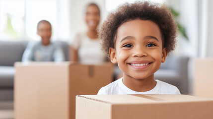 parents and children sitting in front of a cardboard box in their new living room, happy and excited