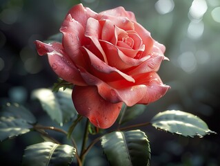 Wall Mural - Close-up of a Dew-Covered Pink Rose in Bloom