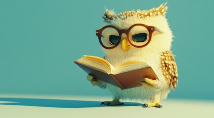 Owl With Glasses reading a book, ntellectual owl with glasses perched on an open book against a bright yellow background.