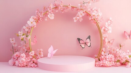 Poster - Butterfly podium background pink 3D flower pedestal rose stage cosmetic wedding platform. Background podium gold butterfly arch floral beauty spring presentation shop paper day product mockup