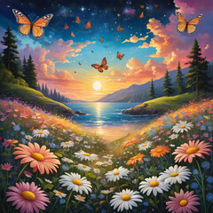 Wall Mural - landscape with flowers and butterflies