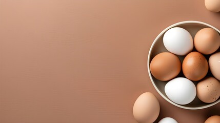 brown eggs in bowls on table with blank space