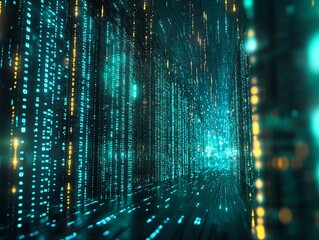 Abstract blue and yellow digital data flow in dark space.