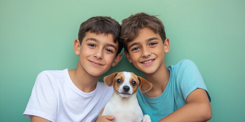 Wall Mural - Two young boys are holding a small dog. They are smiling and seem happy. The dog is brown and white