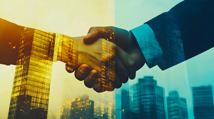 A close-up of two hands shaking, overlayed with a city skyline, symbolizing partnership and collaboration in a professional setting.