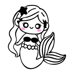 A cute cartoon mermaid with long wavy hair, wearing a black bow and a black and white striped bikini top, with a black tail