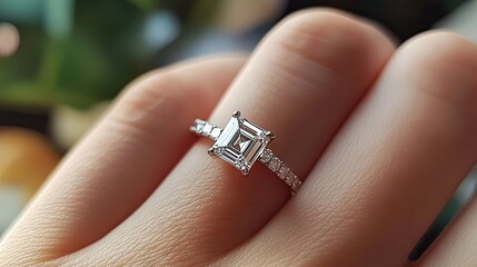 Sticker - A delicate finger adorned with a luxury baguette and solitaire diamond engagement ring, sparkling brilliantly.