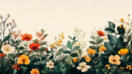 Wall Mural - A vibrant floral border with orange, yellow, and red blossoms set against a soft beige background. .