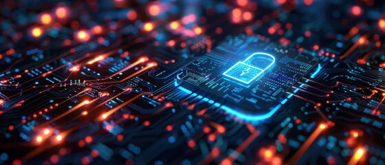 Wall Mural - Futuristic data center corridor glowing with red and blue lights, symbolizing technology and cybersecurity. Free copy space for text.