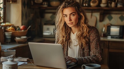 Wall Mural - A young woman sitting at her kitchen table, using her laptop for a telehealth appointment with a mental health professional. The screen shows the therapist attentively listening and offering