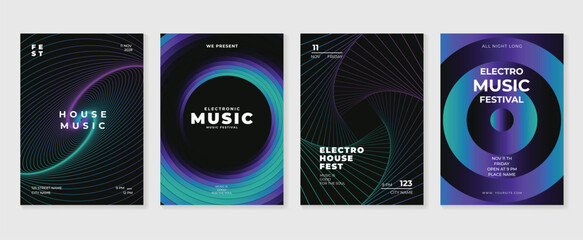 Music poster design background vector set. Electro Sound Cover template with vibrant abstract gradient geometric shape and line wave. Ideal design for social media, flyer, party, music festival, club.