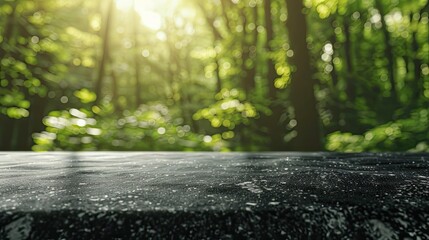 Granite table with a blurred green forest background and subtle sun rays for a calm feel