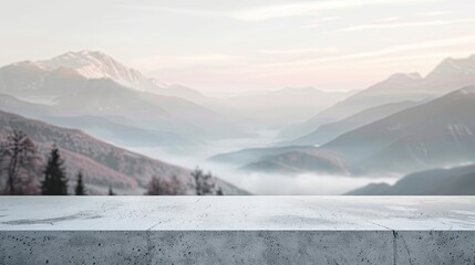 Wall Mural - White concrete tabletop with blurred mountains and pastel skies for a serene calming setting