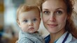 © anantachat - A mother with her infant child at a pediatricians office, receiving advice on breastfeeding and child care. The setting is bright and welcoming, with the doctor offering attentive support. Large