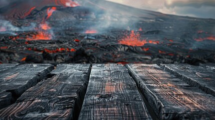 Wall Mural - Charred wood tabletop with a blurred volcanic landscape deep reds and black ash for a dramatic backdrop