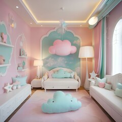 Wide angle view of the bedroom. It is a dream bedroom for girls. The color is soft white. Decorated with cute decorations. Add warmth to the bedroom with warm-toned lamps.