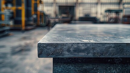 Wall Mural - Reclaimed metal table with a factory backdrop machinery and grey industrial tones