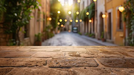 Limestone table with a blurred historic street warm evening light and cobblestones