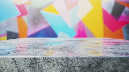 Wall Mural - Polished concrete table with a blurred geometric background vibrant colors and bold angles