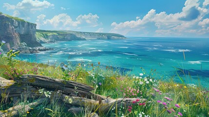 Rugged cliffside bright blue sky and turquoise waters framed by wildflowers and driftwood