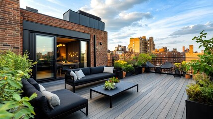 Rooftop terrace panorama with a dark wood deck, cozy black outdoor furniture, brick fencing, and decorative plants for a modern, peaceful vibe