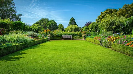 Sticker - Garden summer wallpaper with bright lawn colorful flowers and clear blue sky