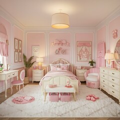 Wide angle view of a bedroom in soft white tones, decorated with cute items that control the color tone of the room with white tones and add warmth to the bedroom with warm-toned lamps.